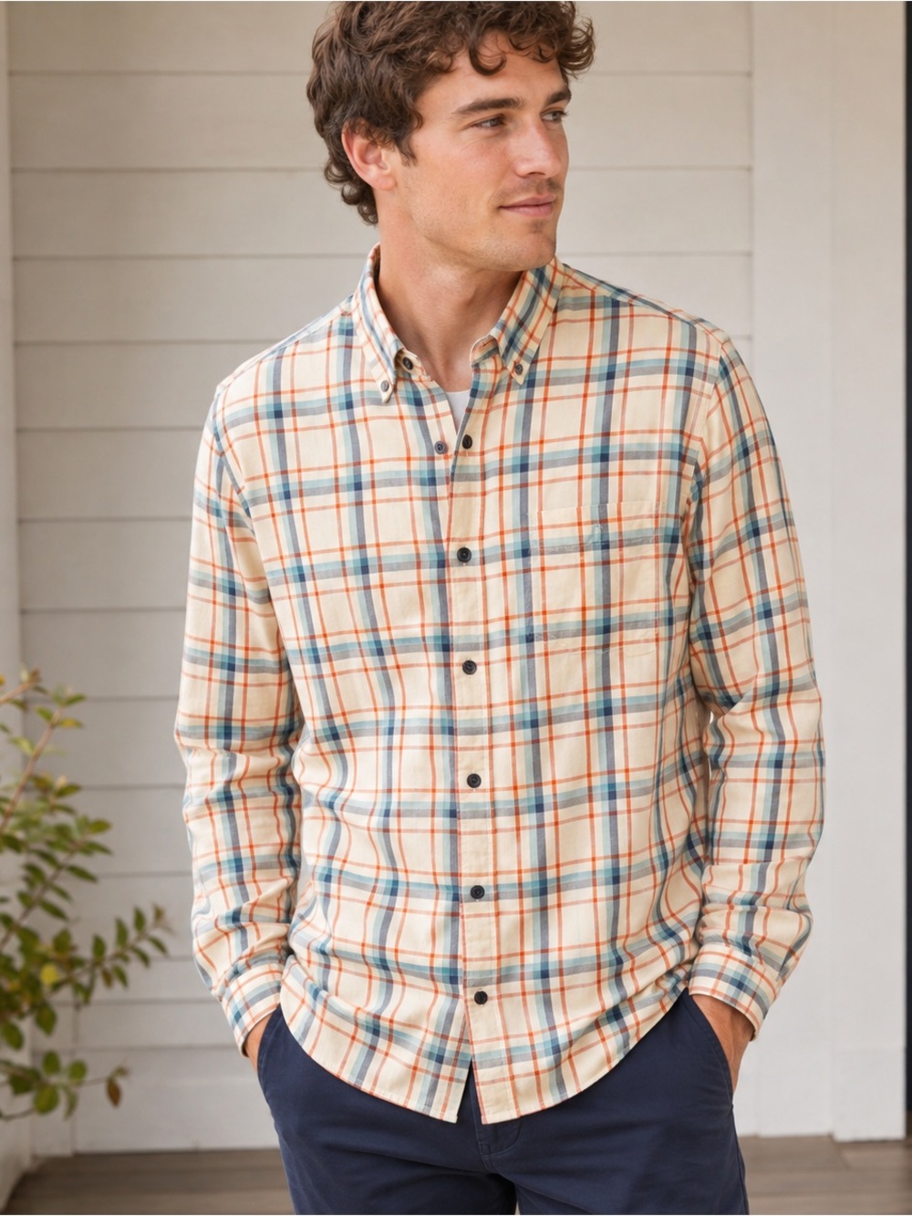 J.Crew Men’s Medium Cream Blue Orange Plaid Button Down Shirt Preppy